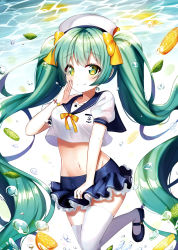 Rule 34 | 1girl, blue skirt, bow, crop top, food, fruit, green eyes, green hair, hair bow, hat, hatsune miku, highres, lime (fruit), long hair, looking at viewer, mamel 27, mary janes, miniskirt, navel, school uniform, serafuku, shoes, skirt, solo, thighhighs, twintails, very long hair, vocaloid, water, white thighhighs