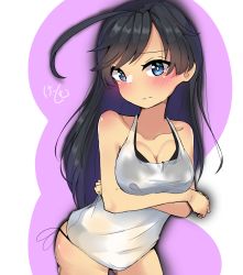 Rule 34 | 1girl, absurdres, ahoge, artist name, black hair, black panties, blue eyes, blush, breast hold, breasts, cleavage, closed mouth, commentary, cowboy shot, crossed arms, frown, girls und panzer, highres, isuzu hana, kshimu, large breasts, leaning forward, long hair, looking at viewer, one-hour drawing challenge, panties, shirt, side-tie panties, signature, sketch, solo, standing, tank top, underwear, underwear only, white shirt