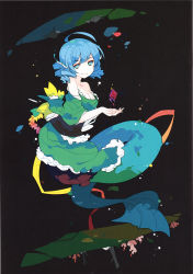 Rule 34 | 1girl, absurdres, adapted costume, alternate costume, animal ears, bare shoulders, black background, blue eyes, blue hair, breasts, cleavage, dress, drill hair, fins, frills, full body, head fins, highres, ideolo, japanese clothes, kimono, long sleeves, looking at viewer, matching hair/eyes, mermaid, monster girl, obi, off shoulder, ribbon, sash, scan, short hair, simple background, smile, solo, touhou, wakasagihime, wide sleeves