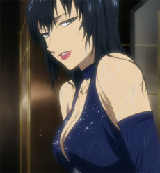 Rule 34 | 1girl, 428, alphard (canaan), black hair, breasts, canaan (series), chunsoft, cleavage, dress, large breasts, lipstick, looking at viewer, makeup, screencap, solo