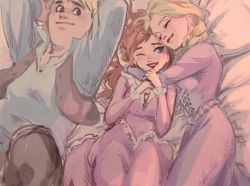 Rule 34 | 1boy, 2girls, anna (frozen), arms around neck, arms behind head, bed, blonde hair, blue shirt, blush, braid, breasts, brown hair, closed mouth, cross-laced clothes, curly hair, dress, elsa (frozen), closed eyes, freckles, frilled dress, frills, from above, frozen (disney), green eyes, hair down, high collar, highres, holding another&#039;s wrist, hug, kristoff (frozen), lineup, long hair, long sleeves, looking at another, looking to the side, lying, masso, multiple girls, on back, on bed, on side, one eye closed, parted lips, purple dress, red lips, shirt, siblings, side braid, sidelighting, sisters, small breasts, smile, thick eyebrows, waistcoat