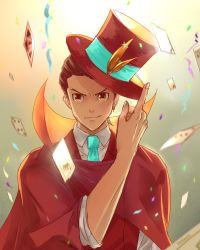 Rule 34 | 1boy, ace attorney, akabaa, apollo justice, apollo justice: ace attorney, aqua necktie, artist name, bad id, bad pixiv id, brown eyes, brown hair, cape, card, hat, looking at viewer, male focus, necktie, playing card, red cape, solo, standing