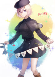 Rule 34 | 1girl, aki (neyuki41028), black capelet, black coat, black hat, capelet, coat, coat dress, fate/grand order, fate (series), grin, hair between eyes, hat, long sleeves, mash kyrielight, mash kyrielight (traveling outfit), official alternate costume, purple eyes, short hair, signature, silver hair, smile, solo, standing, white background