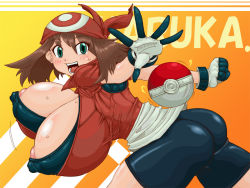 Rule 34 | 1girl, areola slip, blush, bouncing breasts, breasts, brown hair, covered erect nipples, creatures (company), game freak, gigantic breasts, green eyes, happy, looking at viewer, may (pokemon), mr. bones, nintendo, open mouth, pokemon, smile, solo, sweat