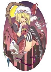 Rule 34 | 1girl, ascot, bandages, black thighhighs, blonde hair, blood, cup, flandre scarlet, fork, hat, knife, licking, red eyes, side ponytail, skull, smile, solo, spoon, striped clothes, striped thighhighs, tea, teacup, teapot, thighhighs, touhou, vertical-striped clothes, vertical-striped thighhighs, wings, yuukyuu ponzu