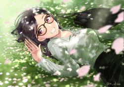 Rule 34 | 1girl, bag, black hair, black skirt, blurry, blurry foreground, blush, breasts, collarbone, commentary request, dappled sunlight, depth of field, forehead, glasses, grass, grin, hand up, long hair, looking to the side, lying, medium breasts, miyabi akino, office lady, on back, on grass, original, parted bangs, pencil skirt, petals, purple eyes, shirt, shoulder bag, skirt, smile, solo, sunlight, teeth, twitter username, white shirt