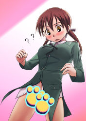 Rule 34 | 00s, 1girl, ?, bad id, bad pixiv id, blush, brown eyes, brown hair, gertrud barkhorn, niina ryou, no panties, paw print, short hair, solo, strike witches, twintails, uniform, world witches series