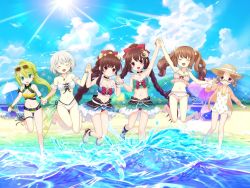 Rule 34 | alina gray, alina gray (swimsuit costume), amane tsukasa, amane tsukasa (swimsuit ver.), amane tsukuyo, amane tsukuyo (swimsuit ver.), azusa mifuyu, azusa mifuyu (swimsuit costume), bare shoulders, beach, bikini, blush, bow, braid, breasts, brown eyes, brown hair, curly hair, earrings, eyewear on head, feet, flower, frilled bikini, frills, green hair, hair between eyes, hair bow, hair flower, hair ornament, hair ribbon, hand up, hiiragi nemu, holding hands, jewelry, jumping, large breasts, long hair, magia record: mahou shoujo madoka magica gaiden, magical girl, mahou shoujo madoka magica, multiple girls, navel, necklace, ocean, official alternate costume, official art, open mouth, plaid, plaid bikini, ponytail, red bow, ribbon, satomi touka, satomi touka (swimsuit costume), short hair, siblings, sidelocks, sisters, smile, soles, sunglasses, swimsuit, twin braids, very long hair, white flower, white hair, yellow bikini
