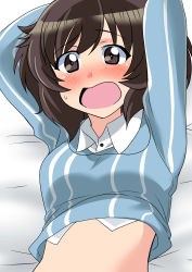 Rule 34 | 1girl, absurdres, akiyama yukari, alternate costume, arms up, bed sheet, blue shirt, blush, brown eyes, brown hair, clothes lift, commentary, dress shirt, frown, girls und panzer, highres, keizoku school uniform, long sleeves, looking at viewer, lying, messy hair, on back, on bed, open mouth, school uniform, shirt, shirt lift, short hair, solo, striped clothes, striped shirt, sweatdrop, vertical-striped clothes, vertical-striped shirt, wakku kan, white shirt, wing collar
