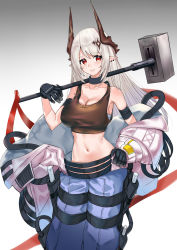 Rule 34 | 1girl, arknights, armband, black collar, black gloves, blue pants, breasts, cleavage, collar, collarbone, commentary request, cowboy shot, crop top, duplicate, gloves, gradient background, grey background, hammer, highres, holding, holding hammer, holding weapon, horns, large breasts, long hair, long sleeves, looking at viewer, midriff, mudrock (arknights), mudrock (elite ii) (arknights), navel, over shoulder, pants, parted lips, pointy ears, red eyes, revision, sarashi, sidelocks, silver hair, solo, sports bra, srpzk, standing, stomach, weapon, weapon over shoulder, white background