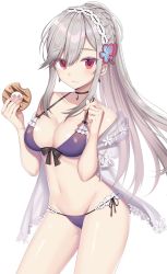 Rule 34 | 1girl, adapted costume, azur lane, bad id, bad twitter id, blush, breasts, choker, cleavage, closed mouth, collarbone, crumbs, doughnut, dunkerque (azur lane), dunkerque (summer sucre) (azur lane), flower, food, grey hair, hair flower, hair ornament, highres, holding, holding food, izumo neru, large breasts, long hair, looking at viewer, navel, pink eyes, solo