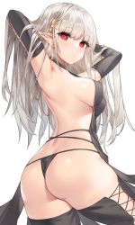 Rule 34 | 1girl, arched back, armpits, arms behind head, arms up, ass, back, backless dress, backless outfit, bare shoulders, black dress, black panties, black thighhighs, blush, breasts, butt crack, closed mouth, cowboy shot, detached sleeves, dress, elf, hair ornament, highres, large breasts, long hair, long sleeves, looking at viewer, no bra, original, panties, pointy ears, red eyes, sideboob, silver hair, simple background, sora 72-iro, string panties, thighhighs, thighs, twisted torso, underwear, white background
