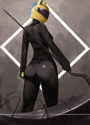 Rule 34 | 1girl, absurdres, ass, bodysuit, breasts, celty sturluson, character name, durarara!!, eko-art, from behind, gloves, grey background, helmet, highres, scythe, shiny clothes, sideboob, skin tight, solo, weapon
