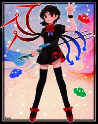 Rule 34 | 1girl, arm up, asymmetrical wings, black border, black dress, black hair, black thighhighs, blue wings, border, bow, bowtie, commentary, dress, full body, grin, highres, holding trident, houjuu nue, k0nfette, looking at viewer, pointy ears, polearm, red bow, red bowtie, red eyes, red footwear, red wings, shoes, short hair, short sleeves, smile, snake, solo, thighhighs, touhou, trident, ufo, waving, weapon, wings