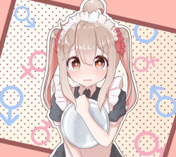 Rule 34 | 1girl, ahoge, alternate costume, bare arms, brown eyes, commentary, enmaided, grey hair, hair between eyes, hair ornament, hair scrunchie, highres, holding, holding tray, kokoaalala33, long hair, looking at viewer, maid, maid headdress, mars symbol, onii-chan wa oshimai!, outline, oyama mahiro, pink hair, polka dot, polka dot background, puffy short sleeves, puffy sleeves, red scrunchie, scrunchie, short sleeves, sidelocks, solo, tearing up, tray, twintails, venus symbol, white outline