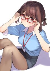 Rule 34 | 1girl, 92m, adjusting eyewear, black ribbon, black skirt, blue shirt, breasts, brown eyes, brown hair, business casual, buttoned cuffs, closed mouth, collared shirt, commentary, douki-chan (douki-chan), expressionless, feet out of frame, fingernails, ganbare douki-chan, glasses, grey pantyhose, hair ribbon, hand in own hair, hands up, highres, id card, lanyard, large breasts, looking at viewer, office lady, open collar, pantyhose, pencil skirt, pink nails, rectangular eyewear, red-framed eyewear, ribbon, shadow, shirt, short sleeves, sitting, skirt, solo, thighs, two-tone shirt, white background, white shirt