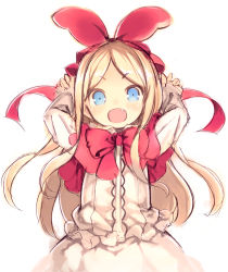 Rule 34 | 1girl, :d, arms up, blonde hair, blue eyes, blush, bow, bowtie, fang, frilled shirt, frills, hair ribbon, head tilt, kurasuke, long hair, long sleeves, looking at viewer, open mouth, original, parted bangs, red bow, red bowtie, red ribbon, ribbon, shirt, simple background, sketch, skirt, smile, solo, v-shaped eyebrows, white background, white shirt, white skirt