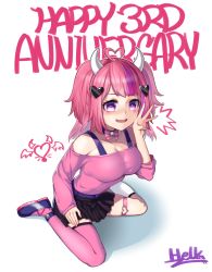 Rule 34 | 1girl, bell, black skirt, breasts, commentary request, demon girl, demon horns, fang, highres, horns, ironmouse, ironmouse (1st costume), large breasts, looking at viewer, multicolored hair, neck bell, no tail, open mouth, pink hair, pink legwear, purple eyes, purple hair, ryunag, seiza, sitting, skirt, smile, solo, two-tone hair, virtual youtuber, vshojo, white background, white legwear