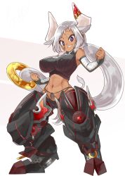 Rule 34 | 1girl, abs, animal ears, armor, armored boots, bandages, boots, breasts, cow ears, cow tail, dark skin, dark-skinned female, horns, large breasts, long hair, low ponytail, naka akira, purple eyes, silver hair, solo, tail, toned, very long hair