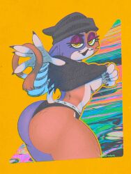Rule 34 | 1girl, 2024, absurdres, animal ears, ass, bad tag, beanie, black shirt, blue fur, breasts, brown fur, calico cat, cat, cat ears, cat girl, cat tail, claws, clothes, clothes lift, epic games, eyebrows, eyelashes, fortnite, furry, furry female, hat, headgear, highres, huge ass, leaning, leaning forward, looking at viewer, looking back, meow skulls (fortnite), narrowed eyes, open mouth, panties, shirt, shirt lift, side-view, sideboob, smile, solo, standing, tail, tail ornament, thick thighs, thighs, three-toned fur, underwear, white fur, wolftangart, yellow eyes