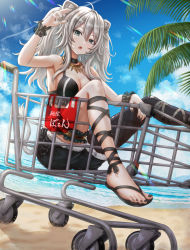 Rule 34 | 1girl, absurdres, ahoge, animal ears, arm up, armpits, beach, bikini, bikini top only, black bikini, black nails, black shorts, blue sky, breasts, bridal garter, choker, cleavage, cloud, cloudy sky, commentary request, day, fangs, feet, foot out of frame, frilled bikini, frills, fur-trimmed shorts, fur trim, grey eyes, hair between eyes, hand up, highres, hololive, jewelry, knees up, large breasts, leg ribbon, legs, lens flare, lion ears, lion girl, lion tail, long hair, looking at viewer, messy hair, nail polish, necklace, open mouth, palm tree, partially translated, revision, ribbon, sandals, scrunchie, shishiro botan, shishiro botan (1st costume), shopping cart, shorts, sidelocks, silver hair, single leg pantyhose, sitting, sky, solo, swimsuit, tail, thigh strap, thighs, toenail polish, toenails, toes, torn clothes, torn legwear, translation request, tree, trials rising, two side up, virtual youtuber, wajuniorbox, wrist scrunchie