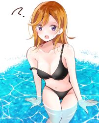 Rule 34 | 1girl, ?, arm support, artist name, bare shoulders, bikini, black bikini, blush, breasts, cleavage, clueless, long hair, looking at viewer, love live!, love live! superstar!!, medium breasts, navel, open mouth, orange hair, partially submerged, purple eyes, ririn (ririn 501), shibuya kanon, simple background, sitting, solo, strap slip, sweatdrop, swimsuit, water, white background