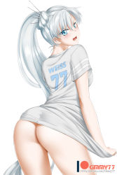 Rule 34 | 1girl, arched back, ass, blue eyes, blush, bottomless, casual, clothes writing, embarrassed, from behind, highres, kimmy77, long hair, looking at viewer, looking back, naked shirt, no panties, open mouth, ponytail, rwby, scar, scar across eye, scar on face, shiny skin, shirt, shirt tug, short sleeves, side ponytail, simple background, smile, solo, standing, t-shirt, weiss schnee, white background, white shirt
