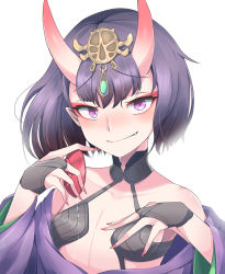 Rule 34 | 1girl, absurdres, bare shoulders, blush, bob cut, breasts, bridal gauntlets, closed mouth, collarbone, cup, eyeliner, fangs, fate/grand order, fate (series), headpiece, highres, horns, japanese clothes, kimono, long sleeves, looking at viewer, makeup, oni, purple eyes, purple hair, purple kimono, revealing clothes, sakazuki, short eyebrows, short hair, shuten douji (fate), simple background, skin-covered horns, small breasts, smile, solo, white background, wide sleeves, yogert chip
