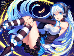 Rule 34 | 1girl, 2016, bare shoulders, bison cangshu, blue eyes, blue hair, breasts, dated, detached sleeves, guam (warship girls r), guam (zhan jian shao nuy), hairband, headset, kneehighs, large breasts, long hair, looking at viewer, matching hair/eyes, musical note, open mouth, panties, quaver, socks, solo, striped clothes, striped socks, underwear, very long hair, warship girls r
