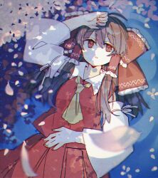 Rule 34 | 1girl, ascot, blurry, bow, breasts, brown hair, cherry blossoms, depth of field, detached sleeves, frilled bow, frilled hair tubes, frills, hair bow, hair tubes, hakurei reimu, hand on own forehead, hand on own stomach, highres, long hair, looking at viewer, looking up, lying, mashiro hiro, on back, outdoors, red bow, red eyes, red shirt, red skirt, shirt, skirt, sleeveless, sleeveless shirt, small breasts, solo, touhou, wide sleeves, yellow ascot