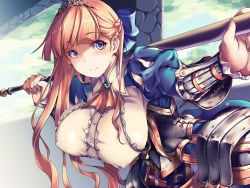 Rule 34 | 1girl, armor, artist name, blonde hair, blue eyes, blue ribbon, blurry, blurry background, bracer, braid, breasts, bridge, club (weapon), covered erect nipples, hair ribbon, highres, holding, holding weapon, impossible clothes, kousaka yami, large breasts, leaning forward, outdoors, ribbon, sennen sensou aigis, smile, solo, standing, tiara, weapon