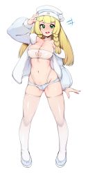 Rule 34 | 1girl, alternate breast size, bad id, bad twitter id, blonde hair, blunt bangs, blush, braid, breasts, cleavage, creatures (company), game freak, green eyes, highres, large breasts, lillie (pokemon), long hair, looking at viewer, micro shorts, navel, nintendo, panties, pokemon, pokemon sm, shiny skin, short shorts, shorts, simple background, slugbox, smile, solo, standing, strapless, thighhighs, thighs, thong, tube top, twin braids, underwear, white background, white headwear, white panties, white shorts, white thighhighs