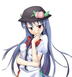 Rule 34 | 1girl, bad id, bad pixiv id, blue hair, female focus, food, fruit, hat, hinanawi tenshi, long hair, peach, red eyes, simple background, solo, sunyukun, touhou, white background