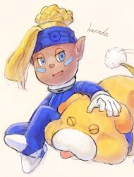 Rule 34 | 1girl, alien, artist name, asymmetrical bangs, blonde hair, blue collar, blue eyes, blue headband, blue jumpsuit, boots, closed eyes, collar, commentary request, dark-skinned female, dark skin, dog, shepherd (pikmin), facial mark, floppy ears, gloves, hair bun, half-closed eyes, hanada (cobalt003), hand on animal, headband, highres, jumpsuit, long bangs, looking at viewer, motion lines, nintendo, no headwear, oatchi (pikmin), open mouth, petting, pikmin (series), pointy ears, short hair, signature, single hair bun, sitting, smile, spacesuit, spots, tail, tail wagging, tongue, tongue out, white footwear, white gloves, yellow background, yellow fur