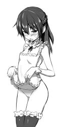 Rule 34 | 1girl, apron, blush, greyscale, monochrome, naked apron, pussy, simple background, solo, thighhighs, uncensored, white background, zaxwu