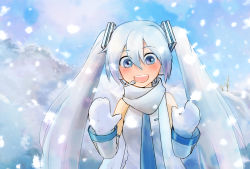 Rule 34 | 1girl, bare shoulders, blue eyes, blue hair, blue necktie, blush, commentary, day, detached sleeves, hair ornament, hands up, hatsune miku, headphones, headset, highres, jam kl, light blue hair, long hair, looking at viewer, mittens, necktie, open mouth, outdoors, scarf, shirt, silver sleeves, smile, snow, snowing, solo, twintails, upper body, very long hair, vocaloid, white mittens, white scarf, white shirt, winter, yuki miku, yuki miku (2011)
