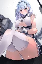 Rule 34 | 1girl, absurdres, anchor choker, apron, azur lane, bare shoulders, black hairband, blush, breasts, center frills, character doll, choker, clothing cutout, curvy, dido (azur lane), doll, dress, earrings, ekaki no mime, frilled choker, frills, gradient background, hairband, heart, heart earrings, highres, holding, holding doll, jewelry, lace-trimmed hairband, lace trim, large breasts, long hair, looking at viewer, maid, panties, pantyshot, purple eyes, silver hair, sitting, sleeveless, solo, thick thighs, thighhighs, thighs, turret, underboob, underboob cutout, underwear, waist apron, white apron, white panties, white thighhighs