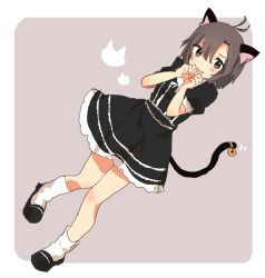 Rule 34 | 1girl, :3, ahoge, animal ears, antenna hair, bad id, bad twitter id, bell, black eyes, black hair, blush, cat, cat ears, cat girl, cat tail, dress, full body, grey background, hair between eyes, highres, idolmaster, idolmaster (classic), jingle bell, kikuchi makoto, nishina ryo, open mouth, paw pose, puffy short sleeves, puffy sleeves, short hair, short sleeves, simple background, smile, solo, standing, standing on one leg, tail, tail bell, tail ornament