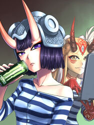 2girls 3: :3 black_nails blonde_hair breasts brown_horns buttons can civvie_11 civvie_11_(cosplay) closed_mouth collarbone commentary computer cosplay energy_drink english_commentary eye_tattoo eyeliner facial_mark fate/grand_order fate_(series) fingernails frown gradient_horns hair_tattoo helmet highres holding holding_can holding_laptop horns ibaraki_douji_(fate) katie_(civvie_11) laptop long_hair looking_at_viewer makeup monster_energy multicolored_horns multiple_girls no_eyebrows off_shoulder oni prison_clothes pun purple_eyes purple_hair red_eyeliner red_horns sharp_fingernails shirt short_eyebrows short_hair shuten_douji_(fate) single_off_shoulder skin-covered_horns small_breasts smile striped_clothes striped_shirt substance20 typing upper_body yellow_eyes