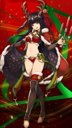 Rule 34 | 1girl, animal ears, antlers, bell, black nails, boots, bow, breasts, candle, cape, chandelier, christmas, collar, fire emblem, full body, fur trim, gift, green bow, highres, hime cut, horns, long hair, looking at viewer, medium breasts, midriff, mistletoe, nail polish, neck bell, nintendo, red cape, reindeer antlers, smile, solo, standing, tharja (fire emblem), thigh boots, thighhighs, two side up, washimoto9, washimoto (artist)
