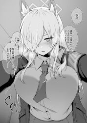 Rule 34 | 1girl, absurdres, animal ears, blue archive, blush, breasts, commentary request, greyscale, hair over one eye, halo, highres, kanna (blue archive), large breasts, long hair, monochrome, necktie, ryochapu, shirt, solo, speech bubble, translation request