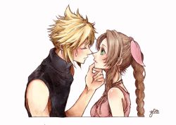 Rule 34 | 1boy, 1girl, aerith gainsborough, artist name, bare arms, blonde hair, blush, braid, braided ponytail, breasts, brown hair, choker, closed eyes, cloud strife, couple, dated, dress, final fantasy, final fantasy vii, final fantasy vii remake, green eyes, hair ribbon, hand on another&#039;s chin, hetero, imminent kiss, long hair, looking at another, medium breasts, parted bangs, parted lips, pink dress, pink ribbon, ribbon, short hair, sidelocks, sleeveless, sleeveless dress, sleeveless turtleneck, spiked hair, square enix, sweatdrop, turtleneck, upper body, white background, yco 030601