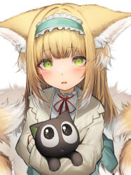 Rule 34 | 1girl, absurdres, animal ears, aqua hairband, arknights, blonde hair, blunt bangs, fox ears, fox girl, fox tail, frilled hairband, frills, green eyes, hairband, highres, long hair, long sleeves, looking at viewer, luo xiaohei, luo xiaohei zhanji, material growth, multiple tails, neck ribbon, official alternate costume, oripathy lesion (arknights), red ribbon, ribbon, simple background, suzuran (arknights), suzuran (praise spring) (arknights), suzuran (spring praise) (arknights), tab head, tail, white background