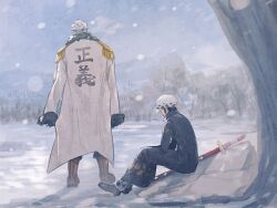 Rule 34 | 2boys, back, black coat, boots, brown footwear, coat, commentary, epaulettes, forest, hat, male focus, multiple boys, nature, one piece, potechi norisio, sideburns, sitting, smoke, smoker (one piece), snow, sword, trafalgar law, tree, undercut, weapon, white coat, white hair