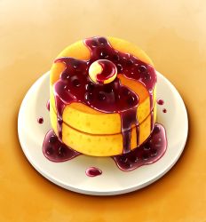 Rule 34 | absurdres, berry, blueberry, butter, candy, commentary request, food, food focus, fruit, highres, laia alkaloid, no humans, original, pancake, plate, sweets, syrup