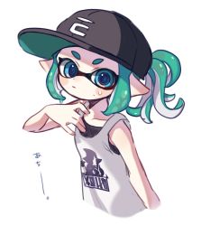 Rule 34 | 1girl, aqua eyes, baseball cap, basketball jersey, black hat, blunt bangs, closed mouth, commentary, cropped torso, green hair, grey background, hat, inkling, inkling girl, inkling player character, light frown, looking at viewer, maco spl, mask, nintendo, pointy ears, print shirt, shirt, short hair, short ponytail, sidelocks, simple background, solo, splatoon (series), sweat, tentacle hair, translated, upper body, white shirt