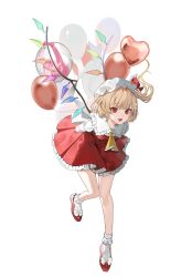 Rule 34 | 1girl, absurdres, arms behind back, ascot, balloon, blonde hair, bow, collared shirt, commentary, crystal, daimaou ruaeru, english commentary, fang, flandre scarlet, footwear bow, full body, hair between eyes, hat, hat bow, heart balloon, high heels, highres, leg up, looking at viewer, mob cap, multicolored wings, one side up, open mouth, puffy short sleeves, puffy sleeves, red eyes, red footwear, red skirt, red vest, shirt, shoes, short hair, short sleeves, simple background, skin fang, skirt, skirt set, smile, socks, solo, standing, standing on one leg, tongue, touhou, vest, white background, white bow, white hat, white shirt, white socks, wings, yellow ascot