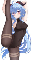 Rule 34 | 1girl, ahoge, armpits, arms up, bell, black leotard, blue hair, blush, bodystocking, bodysuit, breasts, brown pantyhose, covered navel, ganyu (genshin impact), genshin impact, highres, horns, leg lift, leg up, leotard, leotard under clothes, long hair, looking at viewer, low ponytail, medium breasts, neck bell, nyuu (pixiv12143565), open mouth, pantyhose, purple eyes, sidelocks, solo, split, standing, standing on one leg, standing split, thighlet, thighs, white background