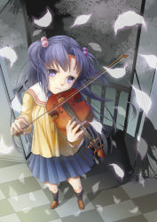 Rule 34 | 00s, 1girl, barsal, clannad, from above, hair bobbles, hair ornament, ichinose kotomi, instrument, purple eyes, purple hair, school uniform, skirt, solo, twintails, two side up, violin