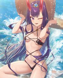 Rule 34 | 1girl, alternate hair length, alternate hairstyle, banned artist, bare shoulders, beach, bikini, black bikini, blue sky, blush, breasts, collarbone, dai nikucho, eyeliner, fate/grand order, fate (series), hat, headpiece, horns, long hair, looking at viewer, makeup, navel, ocean, one eye closed, oni, open mouth, purple eyes, purple hair, shore, shuten douji (fate), skin-covered horns, sky, small breasts, smile, solo, straw hat, swimsuit, thighs